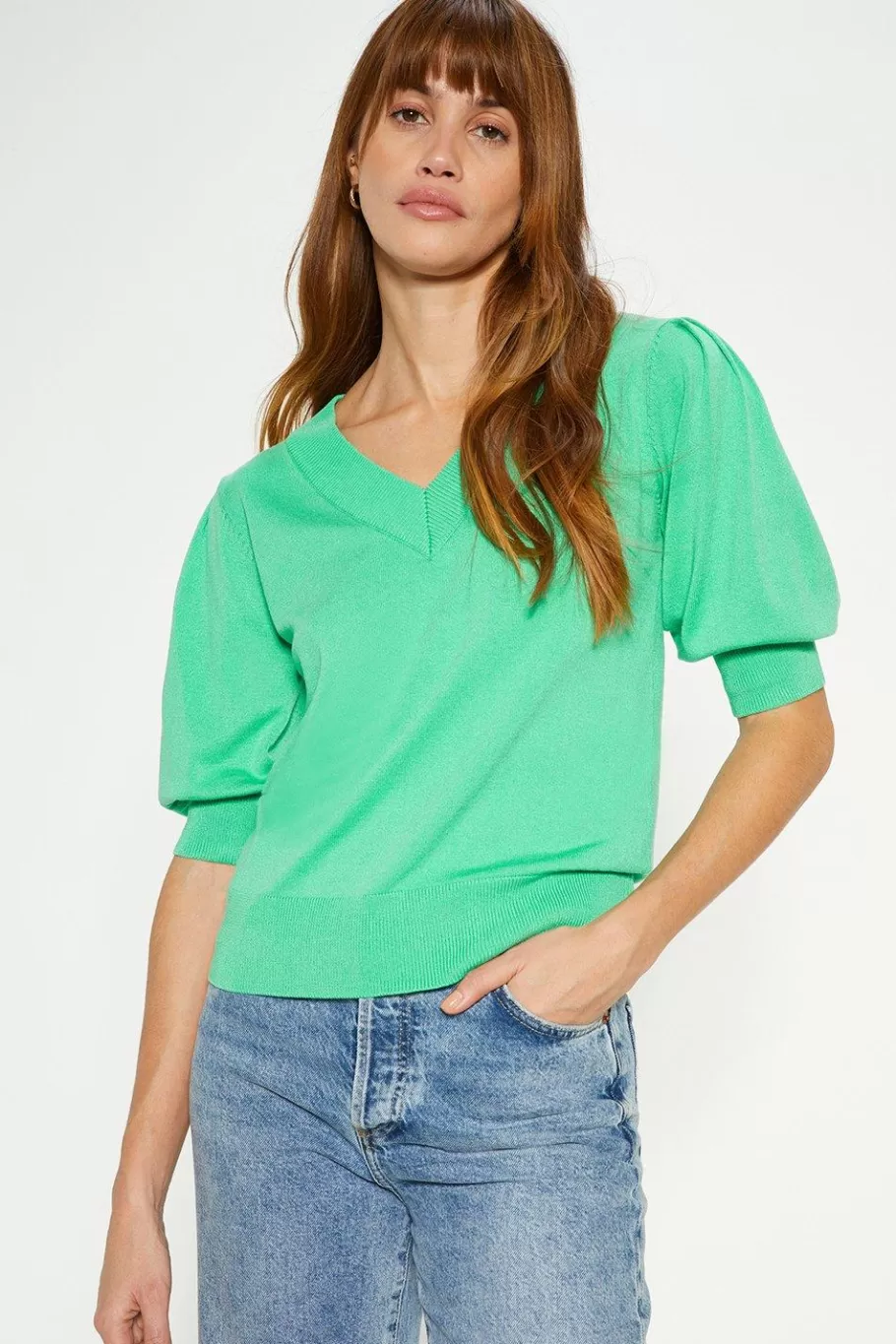 Oasis 3/4 Puff Sleeve V Neck Jumper Green Cheap