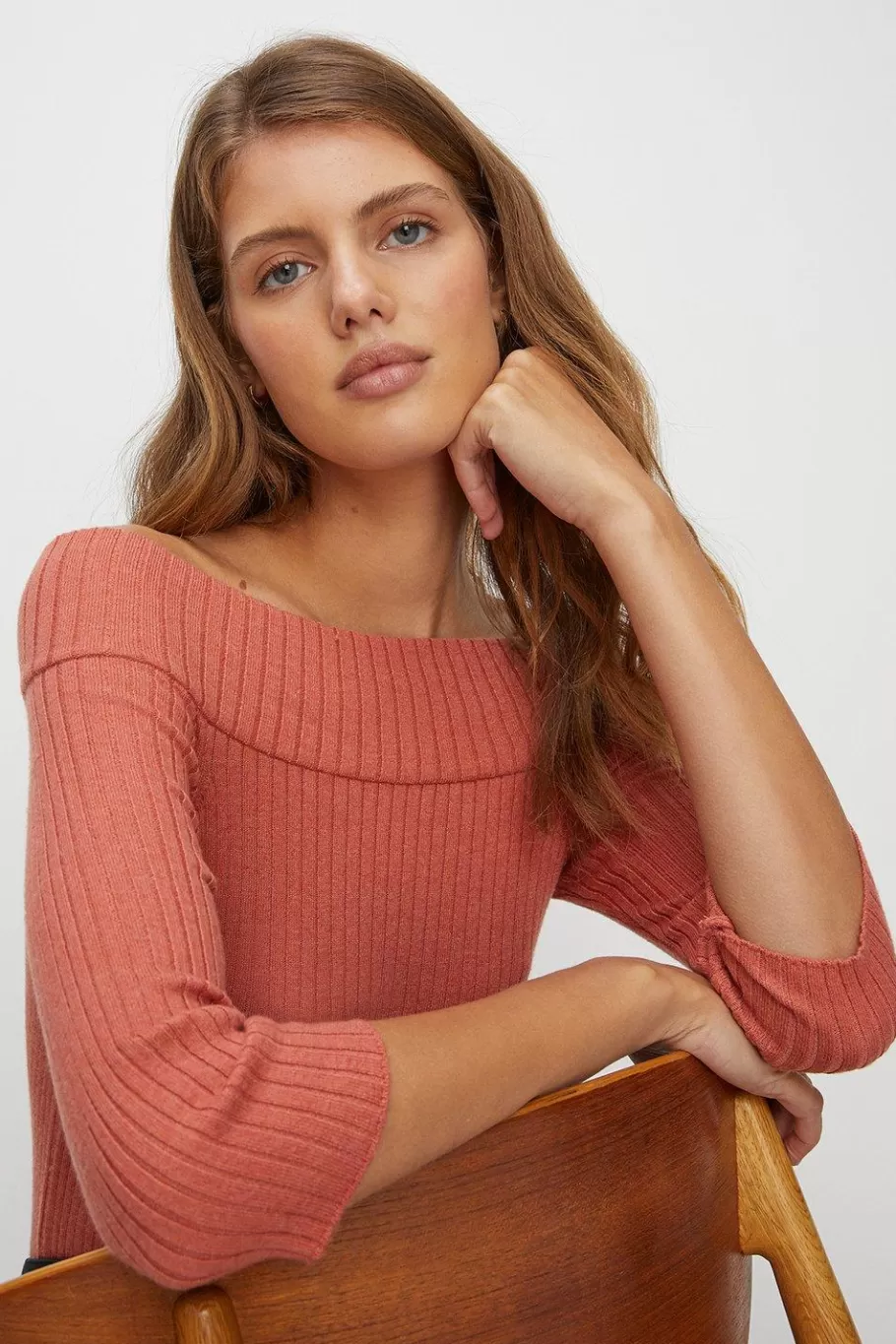 Oasis 3/4 Sleeve Rib Bardot Knit Jumper Coral Cheap