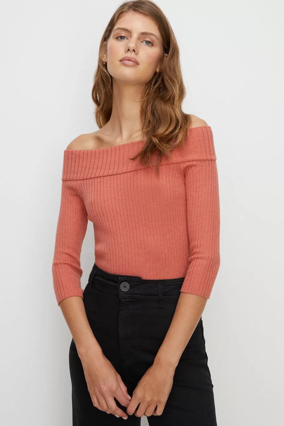 Oasis 3/4 Sleeve Rib Bardot Knit Jumper Coral Cheap