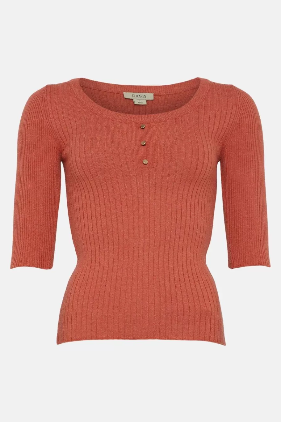 Oasis 3/4 Sleeve Scoop Neck Rib Knit Jumper Coral Cheap