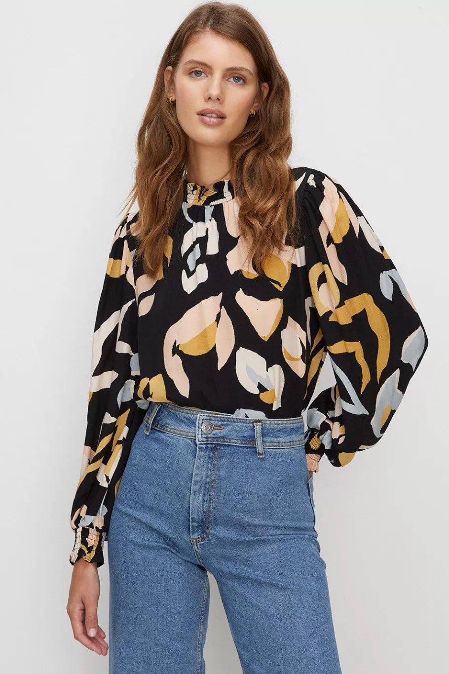 Oasis Abstract Animal Printed Shirred Cuff Top Black Fashion