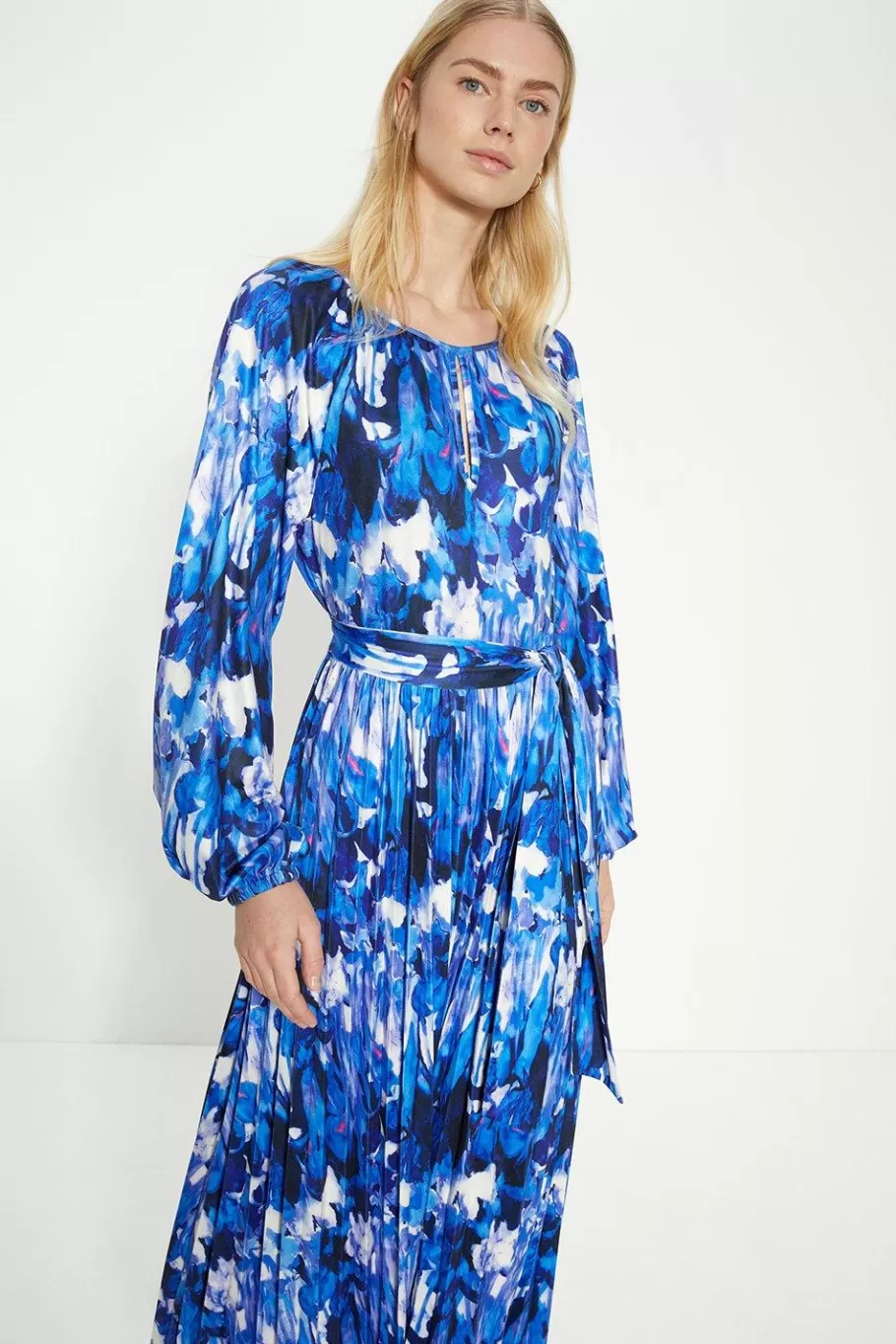 Oasis Abstract Batwing Pleated Midi Dress Blue Shop