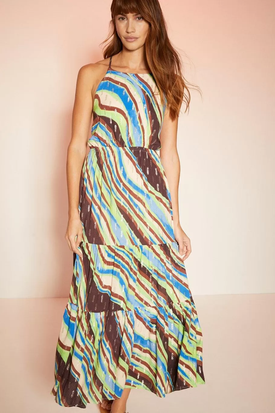 Oasis Abstract Metallic Stripe Halter Tiered Midi Dress Multi Hot