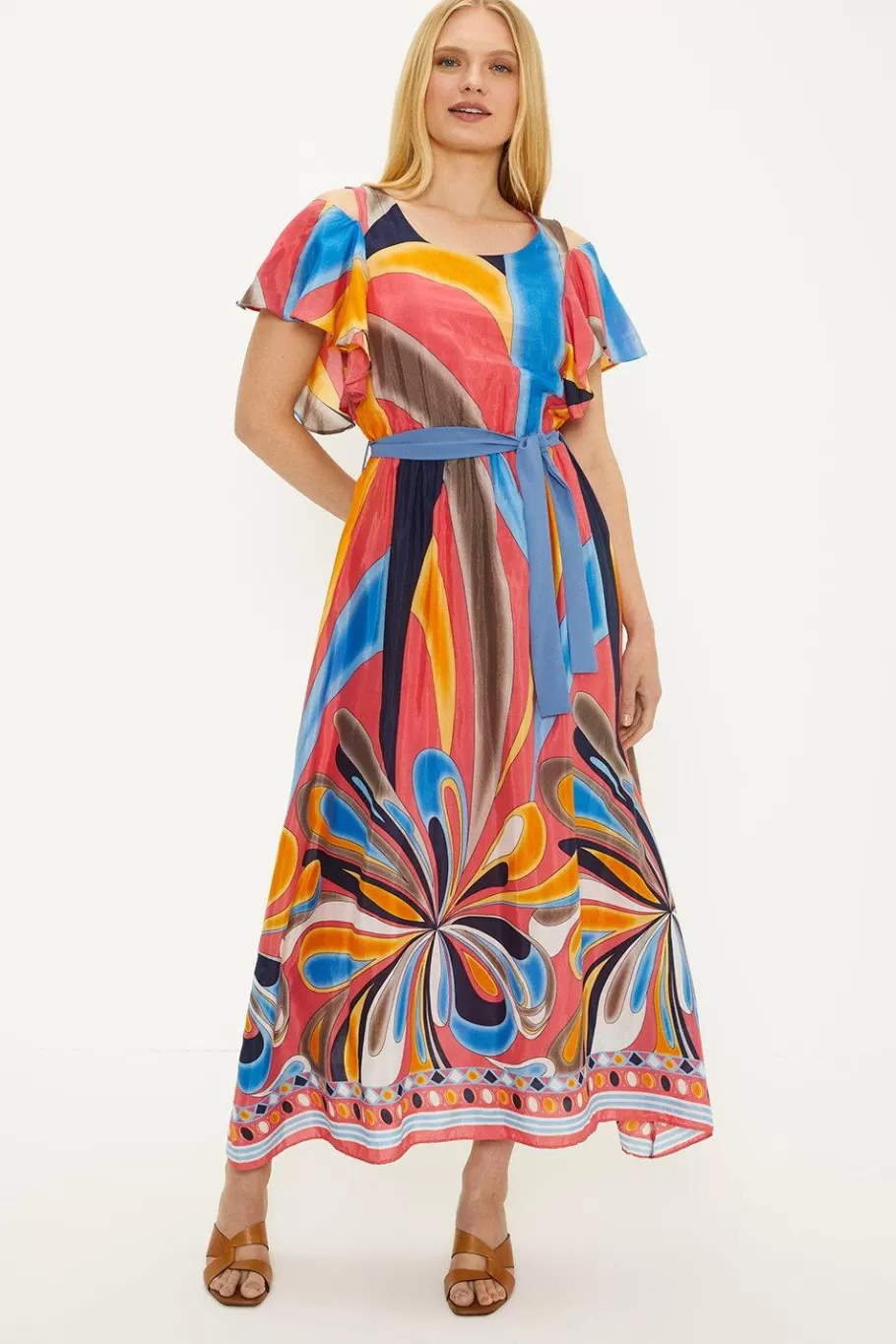 Oasis Abstract Print Belted Cold Shoulder Midi Dress Pink Sale