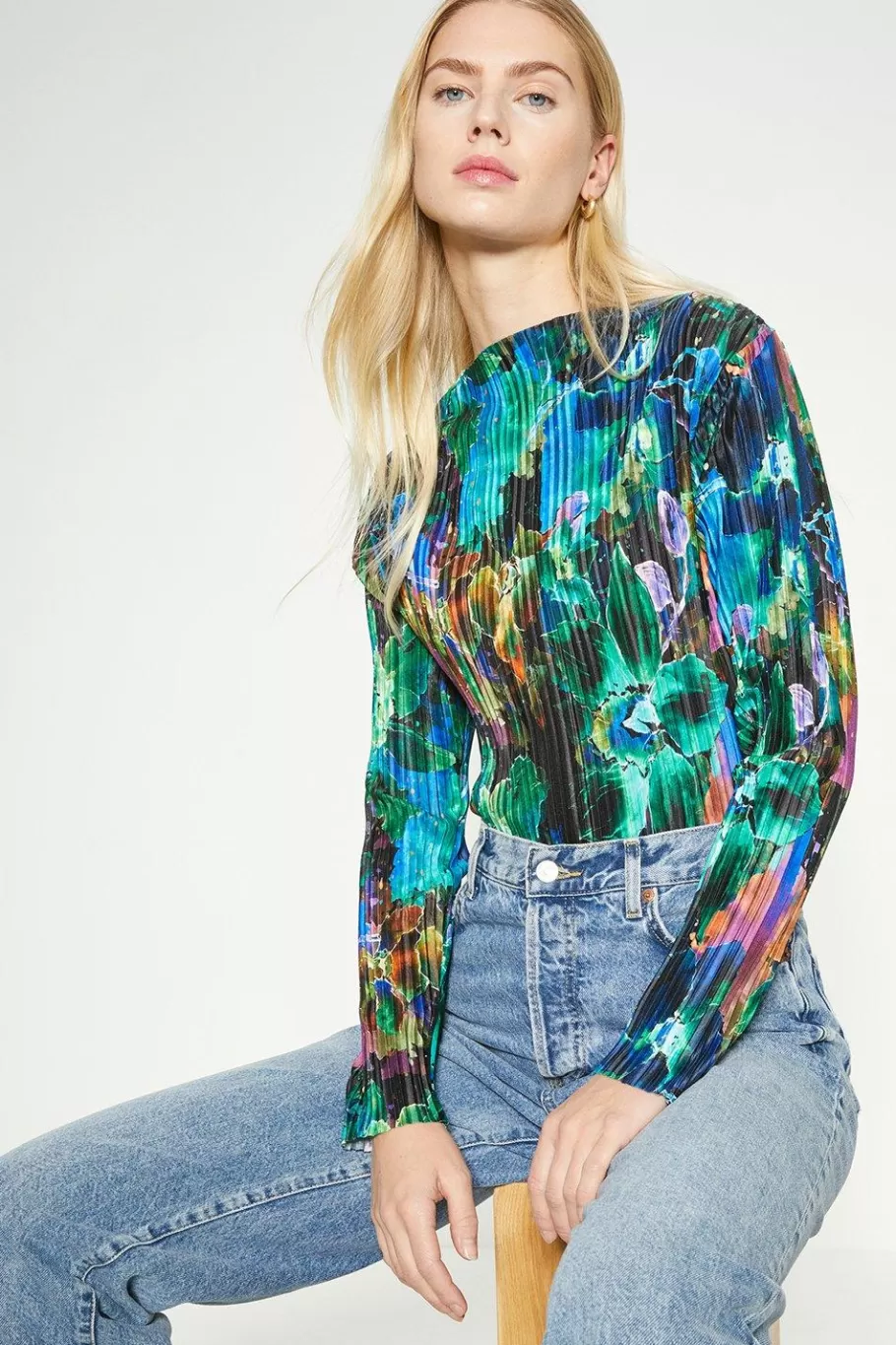 Oasis Abstract Print Plisse Funnel Neck Top Multi Best