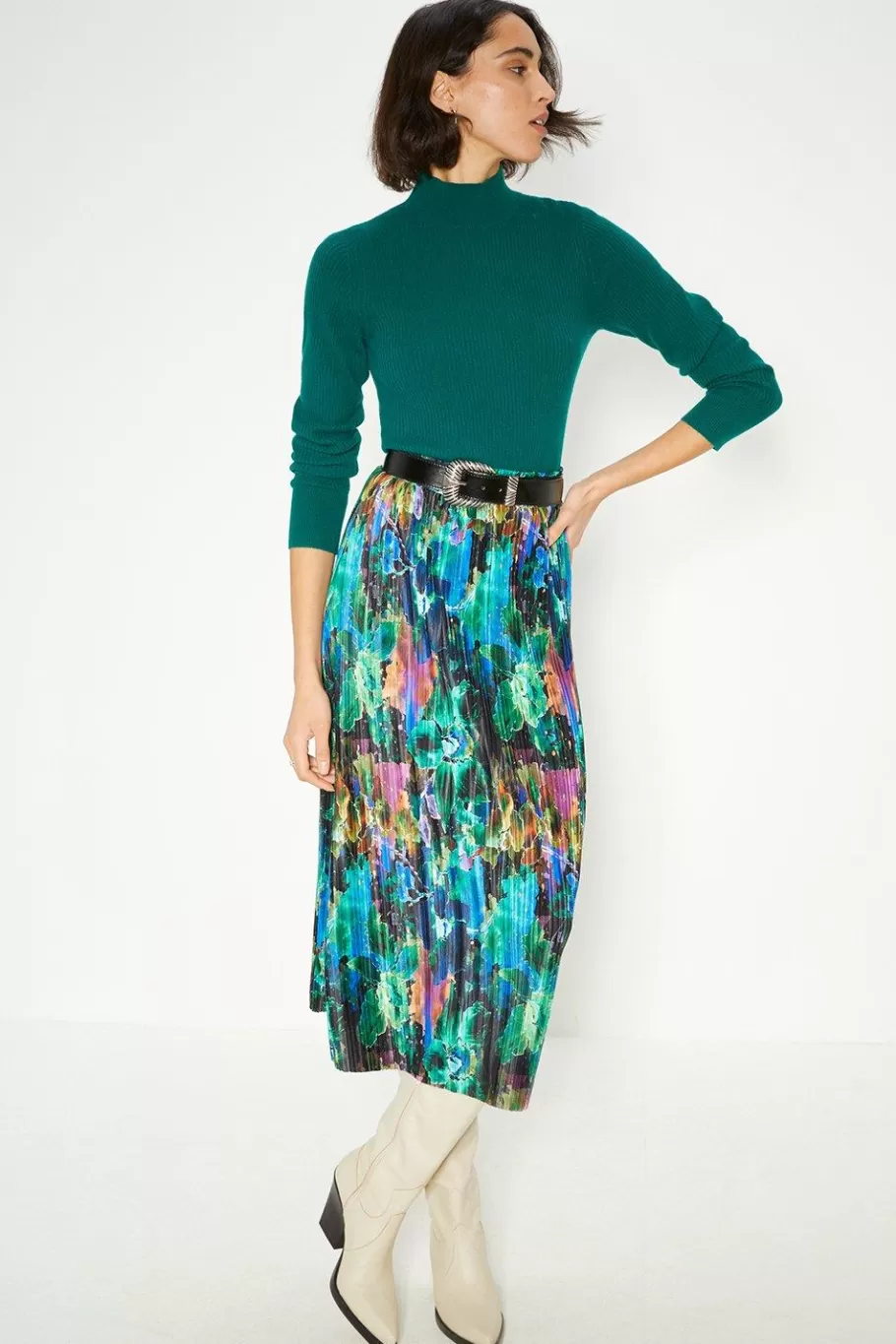 Oasis Abstract Printed Plisse Midi Skirt Multi Hot