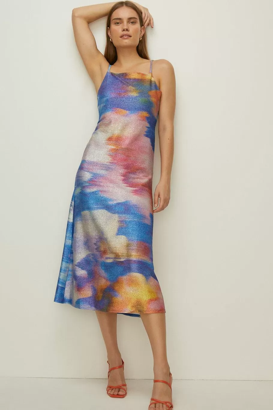 Oasis Abstract Shimmer Jersey Tie Back Cami Dress Blue Clearance