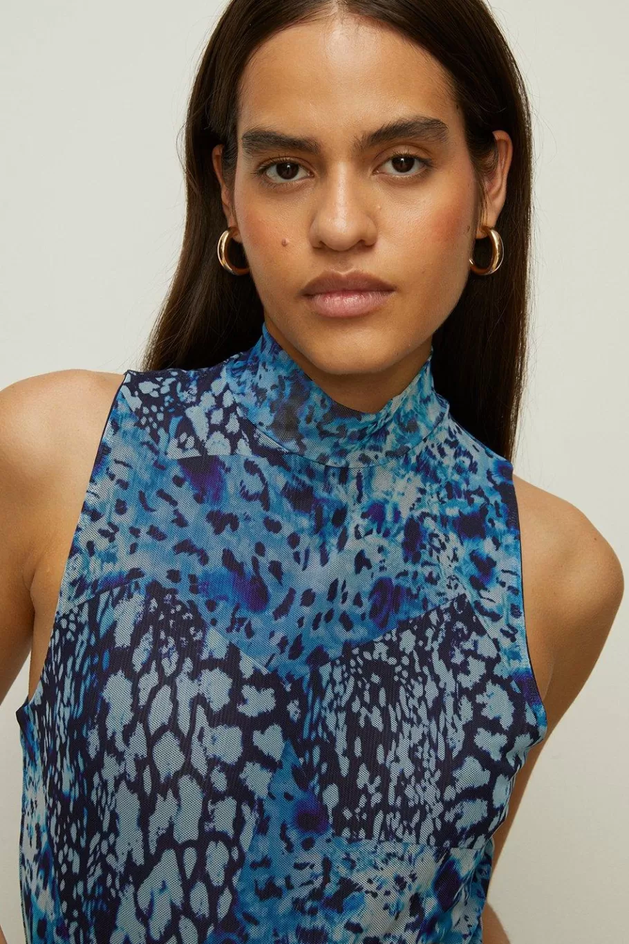 Oasis Animal Funnel Neck Mesh Top Blue Sale