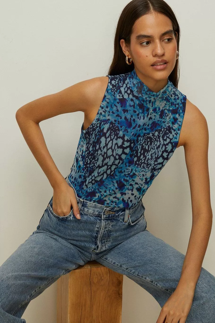 Oasis Animal Funnel Neck Mesh Top Blue Sale