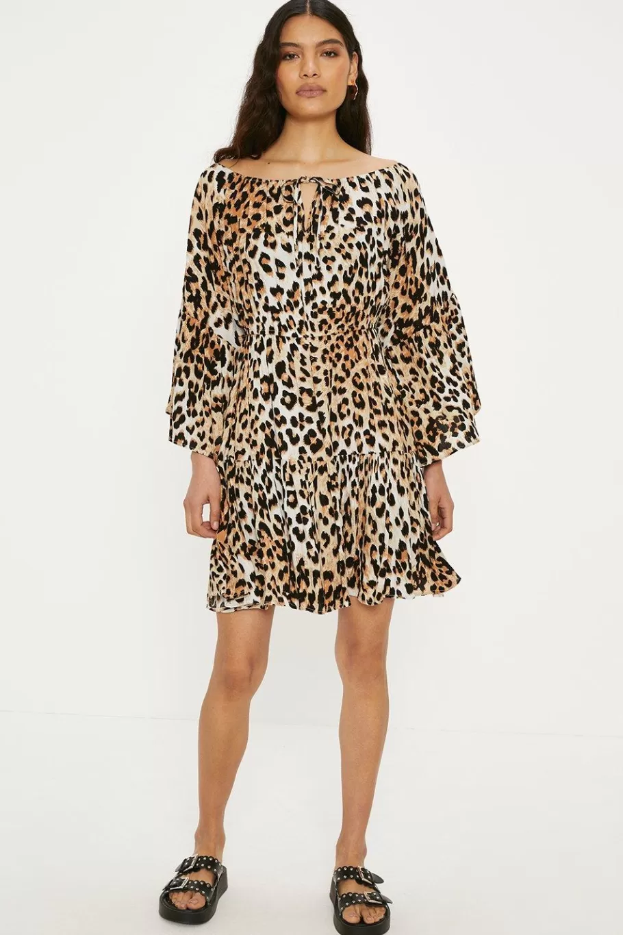 Oasis Animal Print Crinkle Bardot Dress Black Cheap