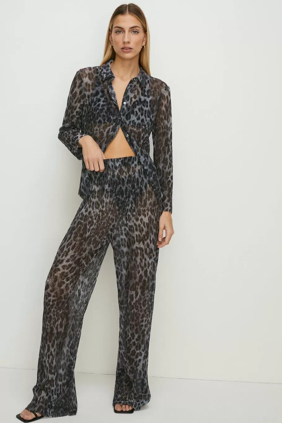 Oasis Animal Print Shimmer Pleated Trouser Co-Ord Metallic Silver Fashion