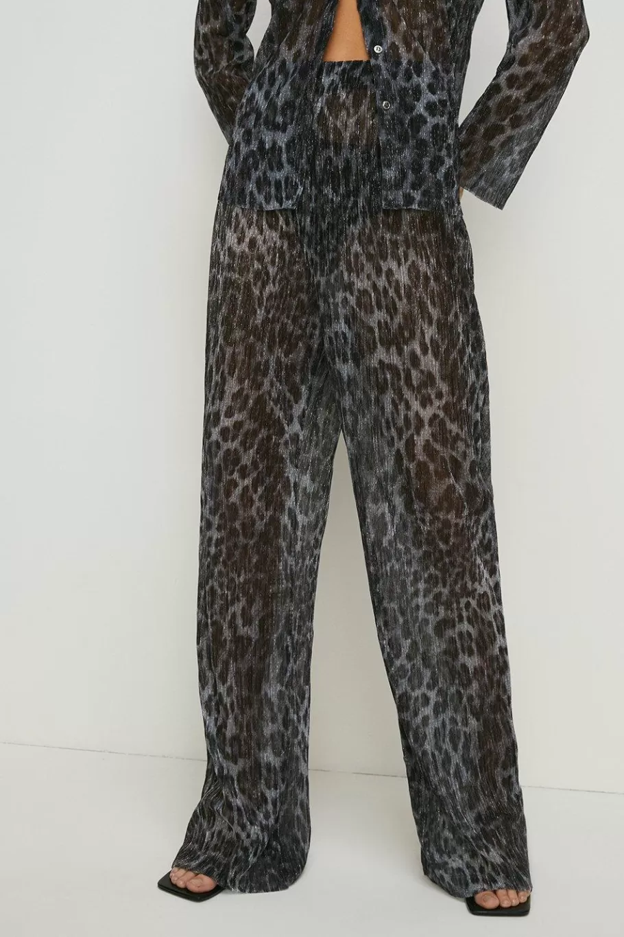 Oasis Animal Print Shimmer Pleated Trouser Co-Ord Metallic Silver Fashion