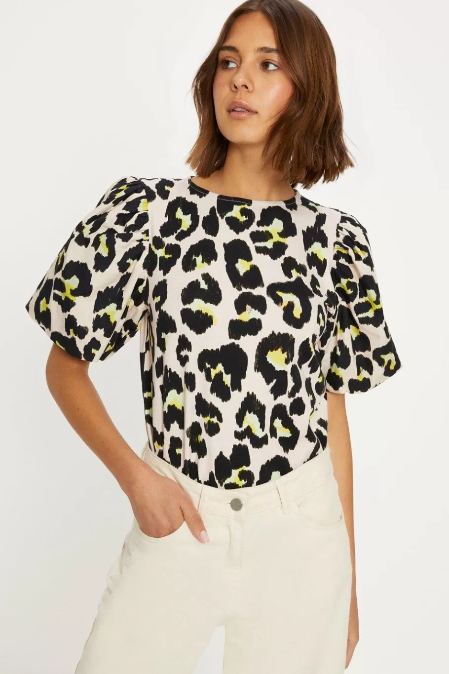 Oasis Animal Printed Woven Mix Puff Sleeve Tshirt Multi Online