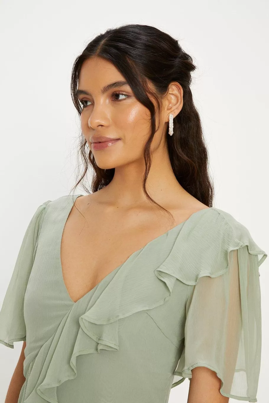 Oasis Asymmetric Ruffle Tiered Angel Sleeve Midi Dress Sage Cheap