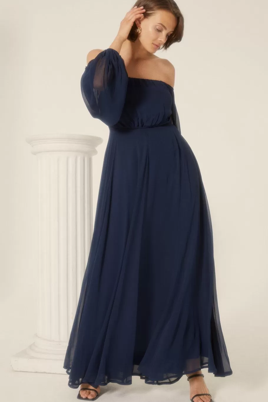 Oasis Bardot Balloon Sleeve Maxi Dress Navy Best Sale