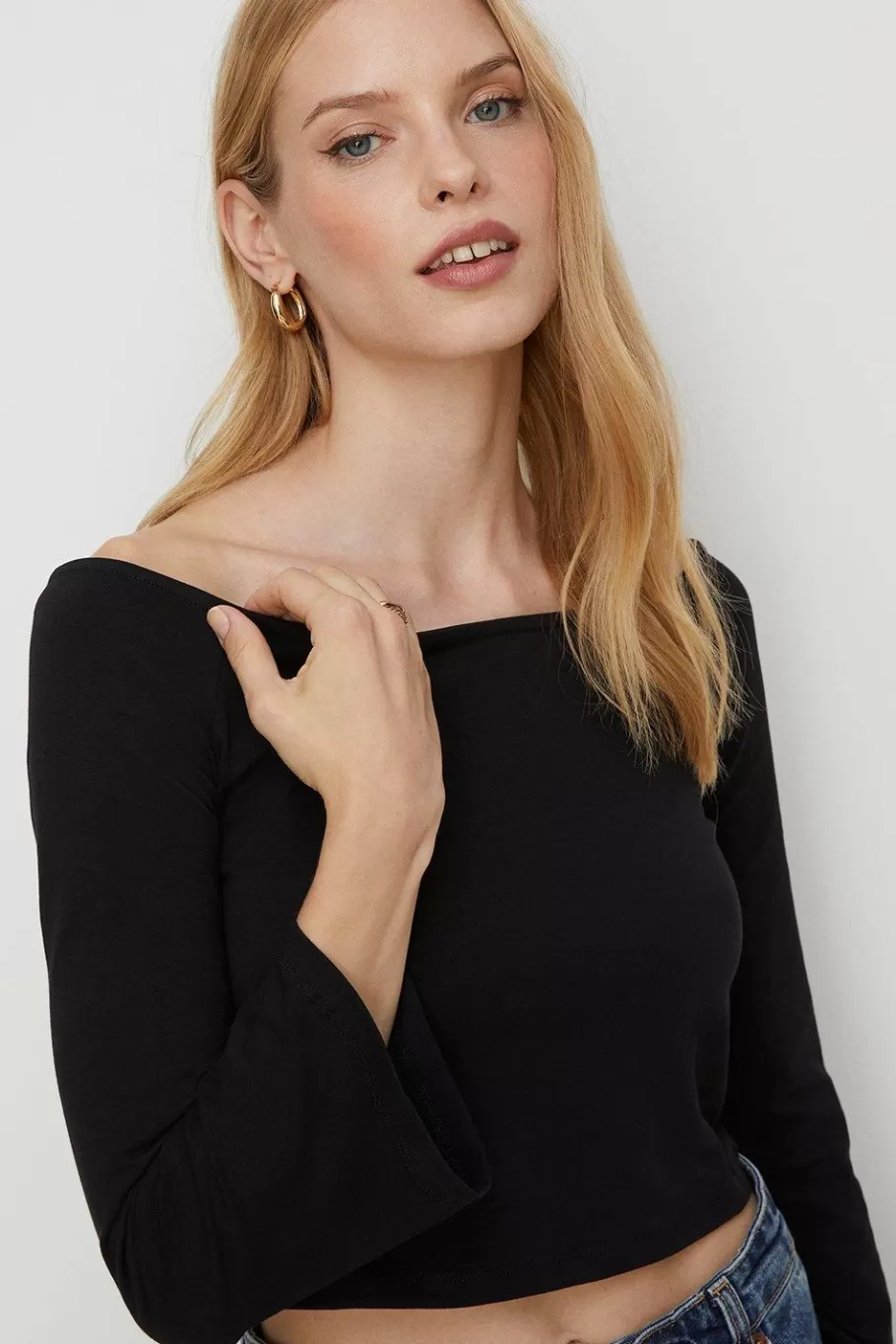 Oasis Bardot Flare Sleeve Top Black Online