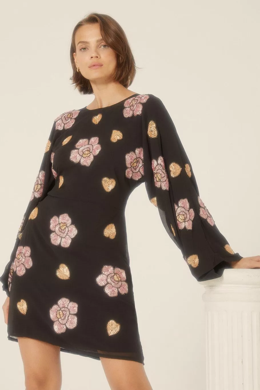 Oasis Beaded Floral Heart Flared Sleeve Aline Dress Black Clearance