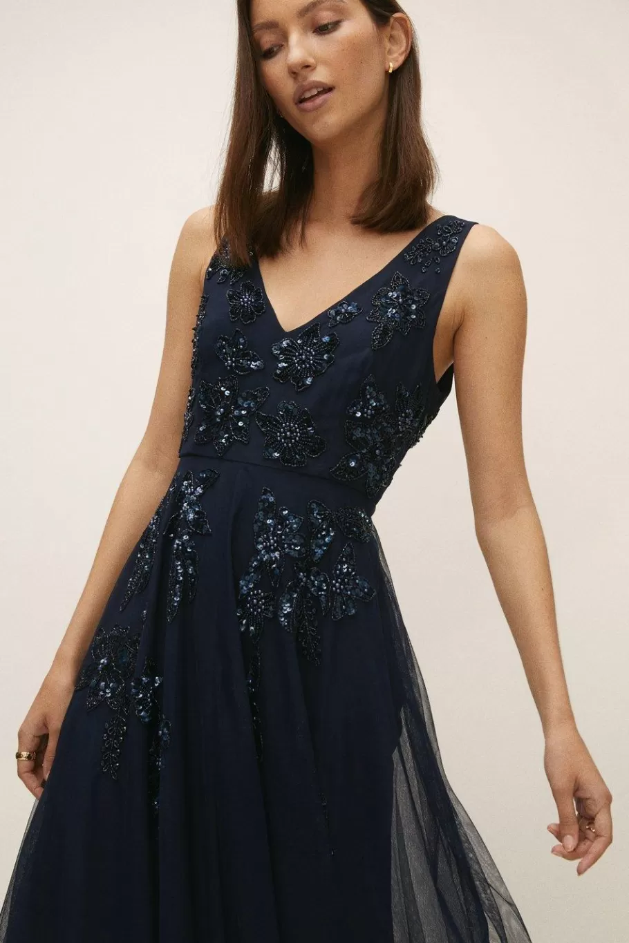 Oasis Beaded Flower V Plunge Tulle Maxi Dress Navy Clearance