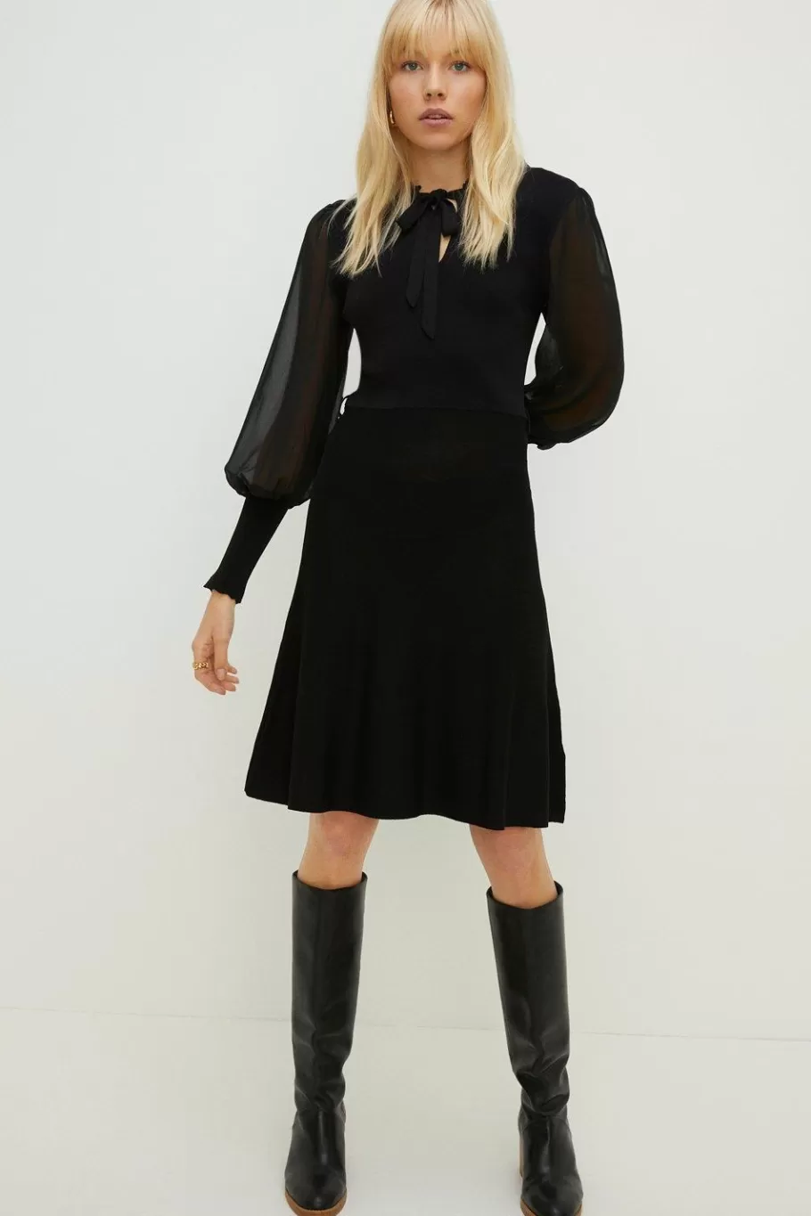 Oasis Belted Chiffon Blouson Sleeve Knitted Dress Black Best Sale