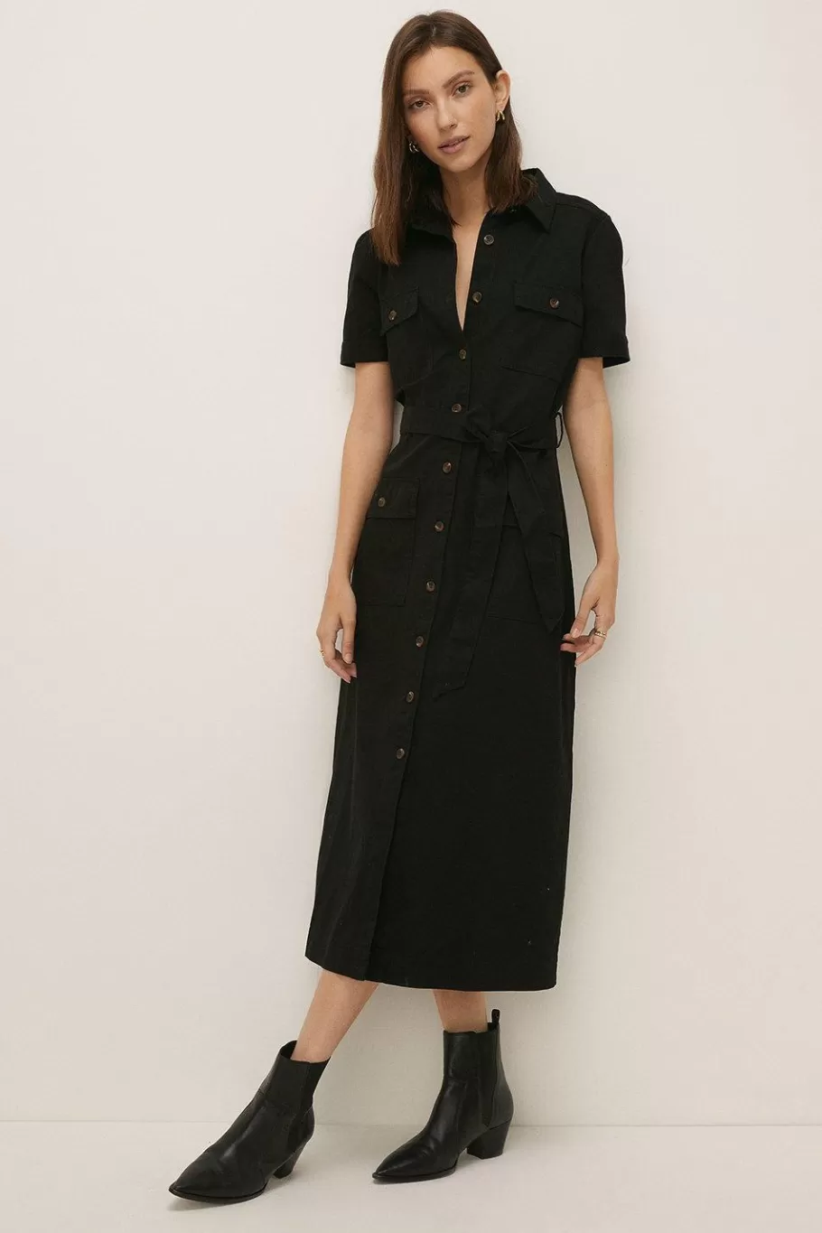 Oasis Belted Cotton Twill Midi Dress Black Best Sale