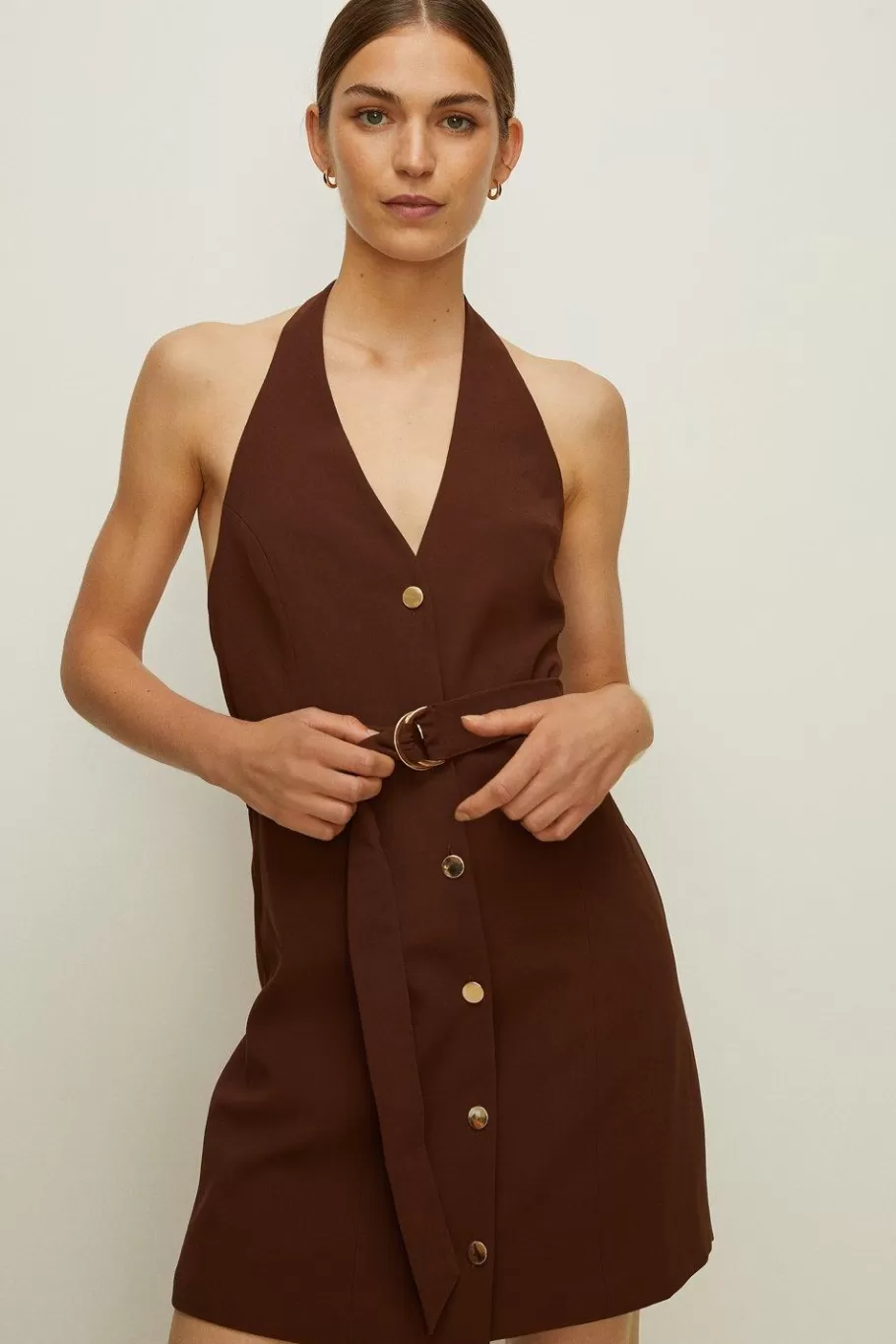 Oasis Belted Halter Button Through Mini Dress Brown Cheap