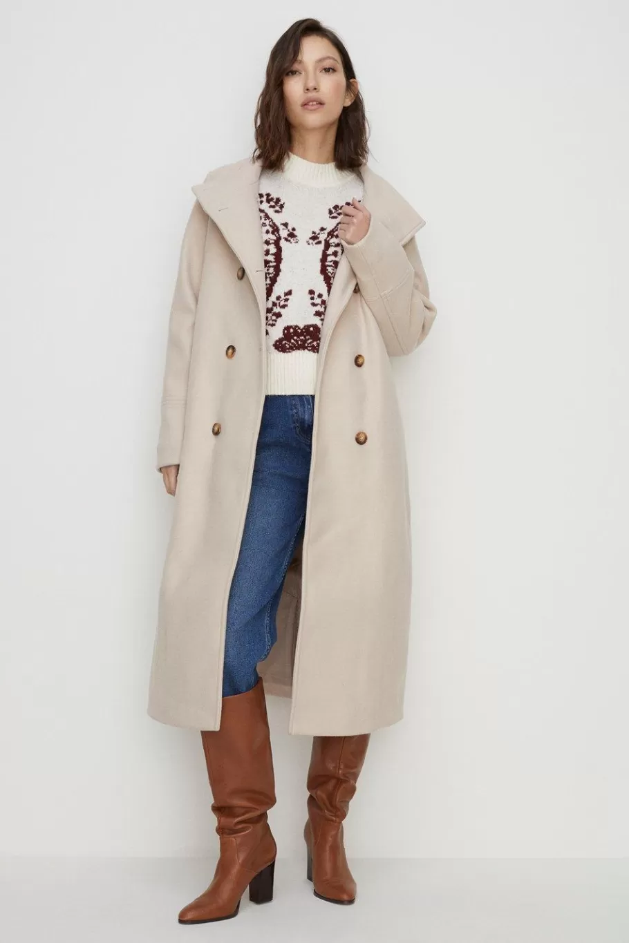 Oasis Belted Top Stitch Funnel Neck Coat Oatmeal Fashion