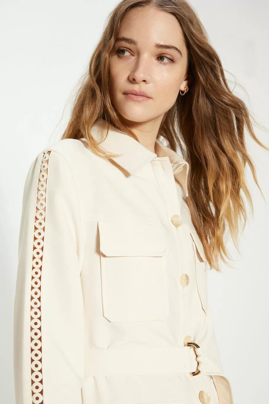 Oasis Belted Trim Detail Button Through Shacket Ecru Clearance