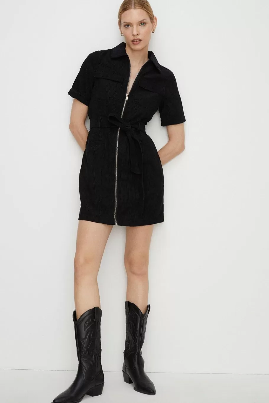 Oasis Belted Zip Through Cord Dress Black Online