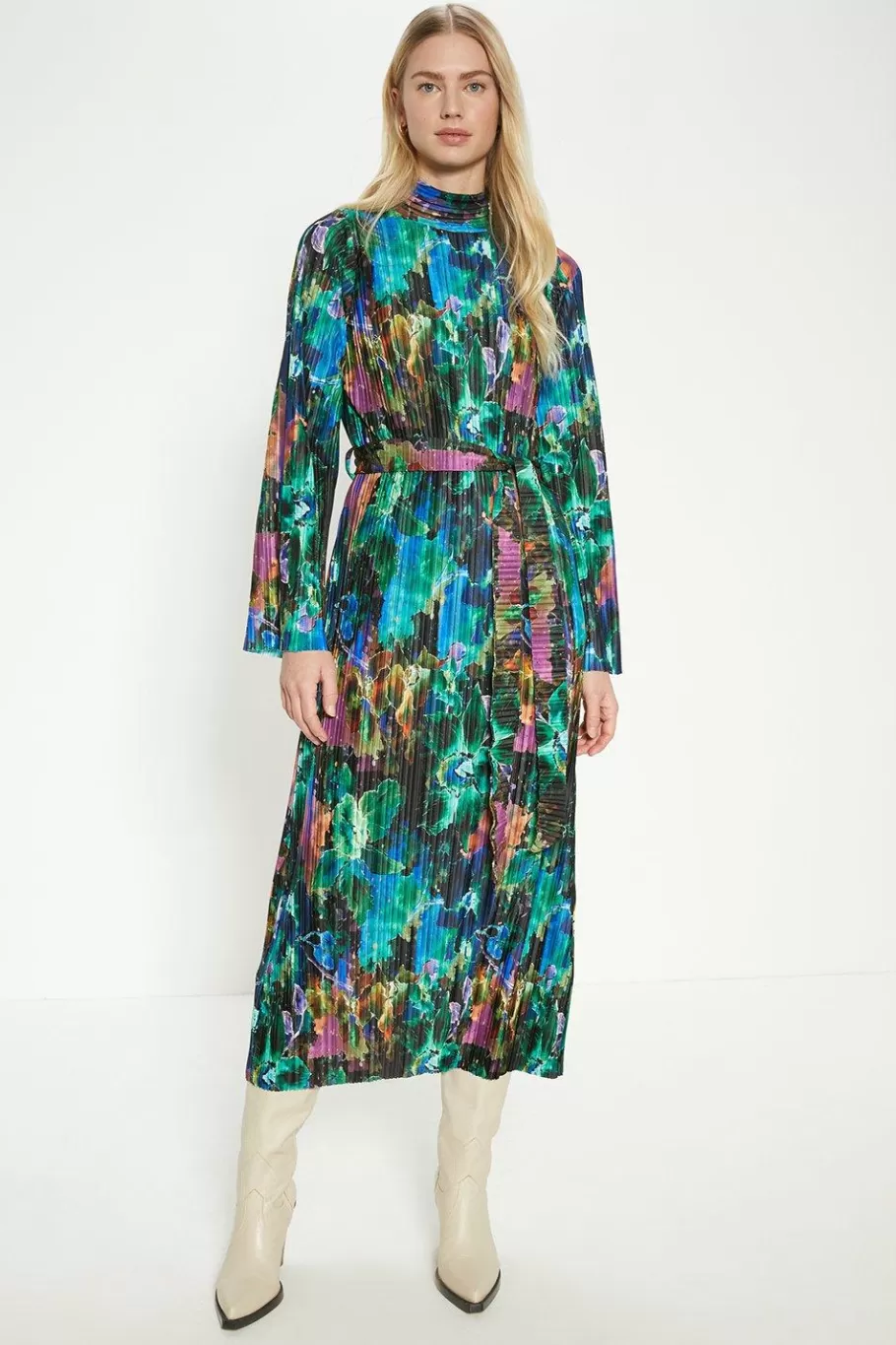 Oasis Blurred Floral Plisse Belted Midi Dress Multi New