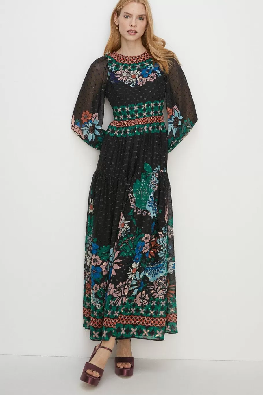 Oasis Border Floral Metallic Chiffon Midi Dress Black Best Sale