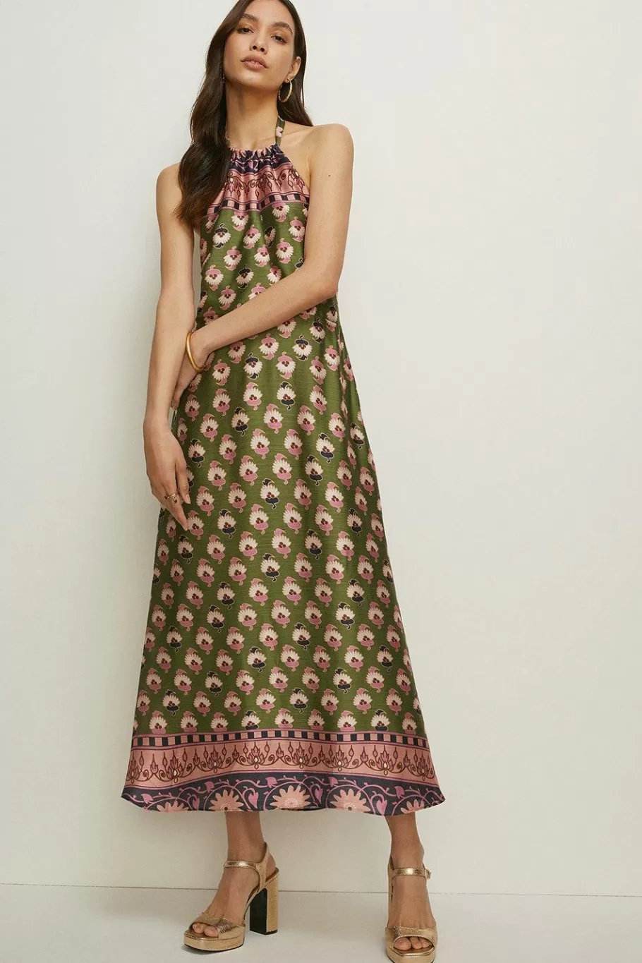 Oasis Border Placement Printed Halter Midi Dress Khaki Best