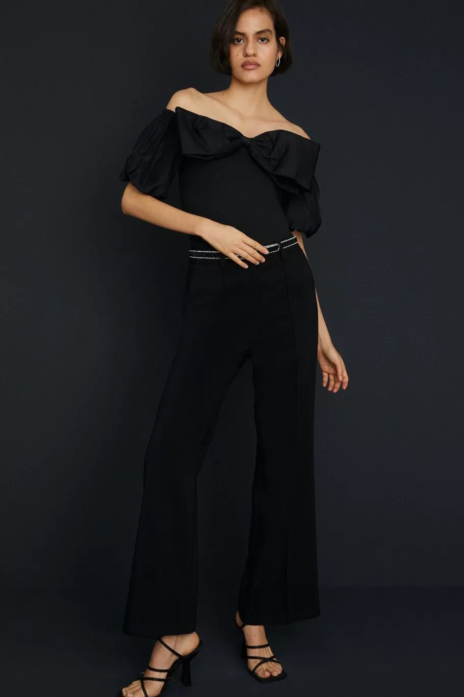 Oasis Bow Organza Puff Sleeve Bodysuit Black Hot