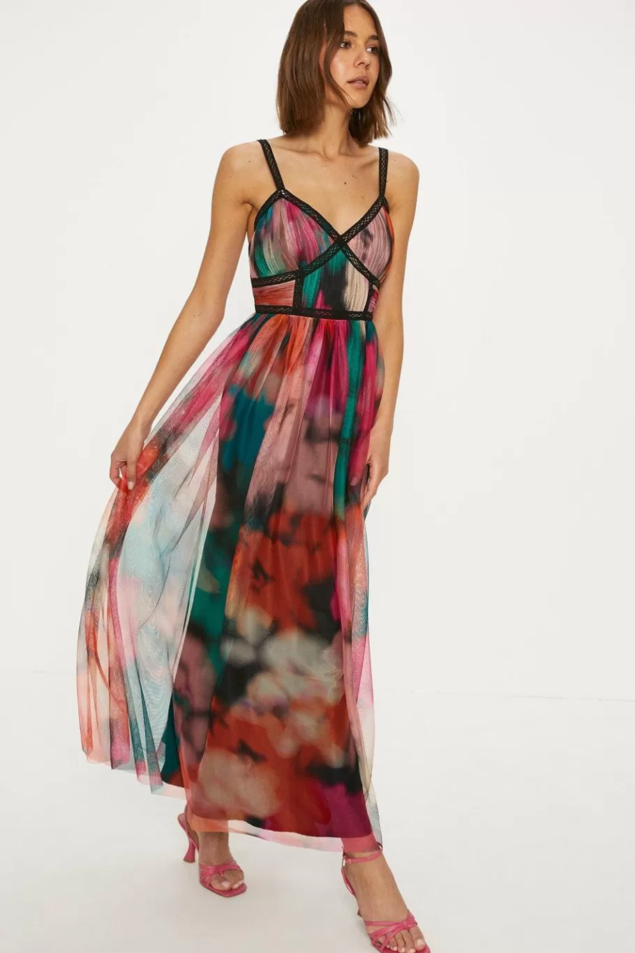 Oasis Bright Abstract Strappy Lace Trim Tulle Midi Dress Multi Shop