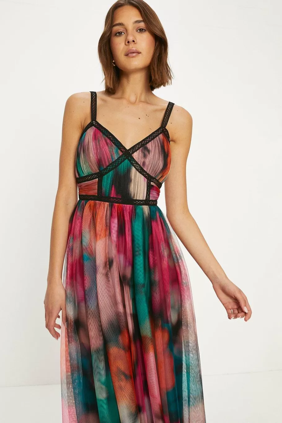 Oasis Bright Abstract Strappy Lace Trim Tulle Midi Dress Multi Shop