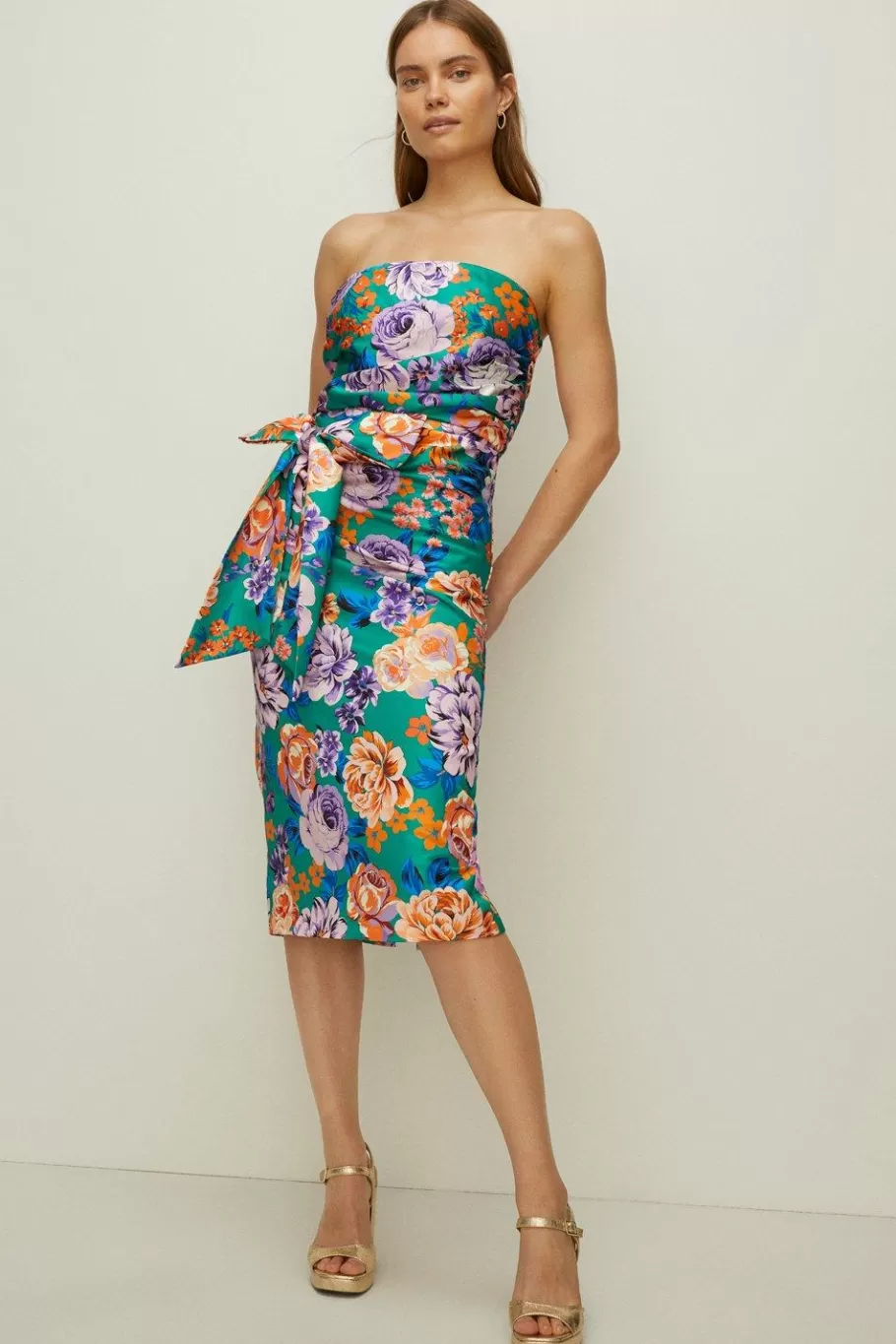 Oasis Bright Floral Bandeau Bow Midi Dress Green Store