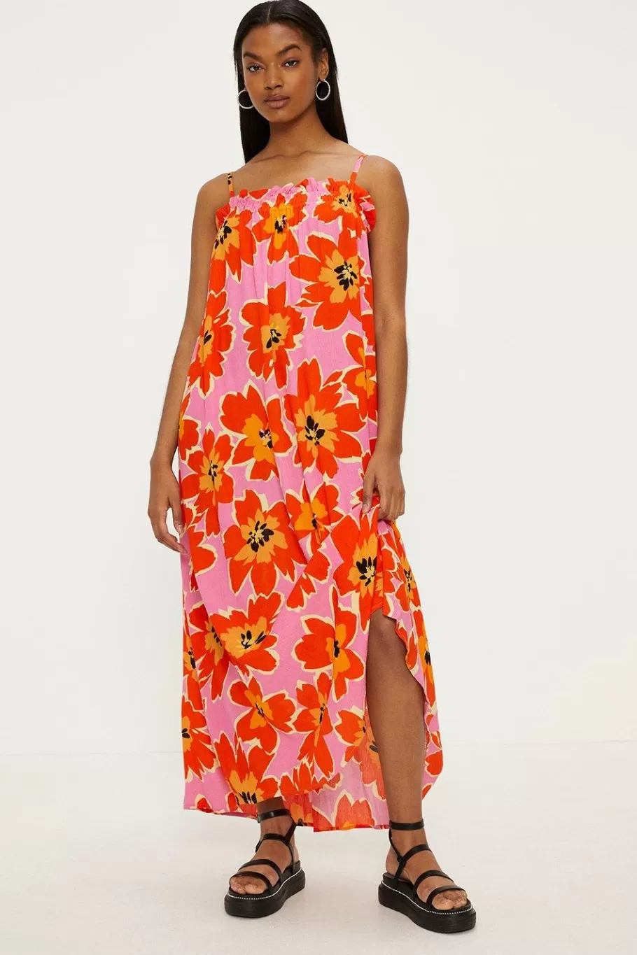 Oasis Bright Floral Frill Crinkle Midi Dress Multi Discount