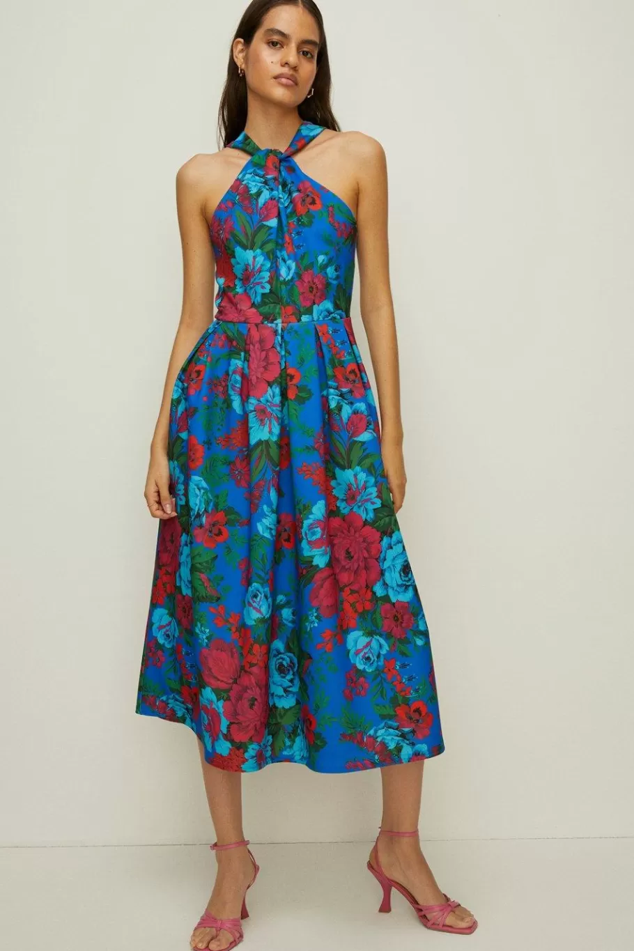 Oasis Bright Floral Knot Detail Scuba Midi Dress Blue Cheap