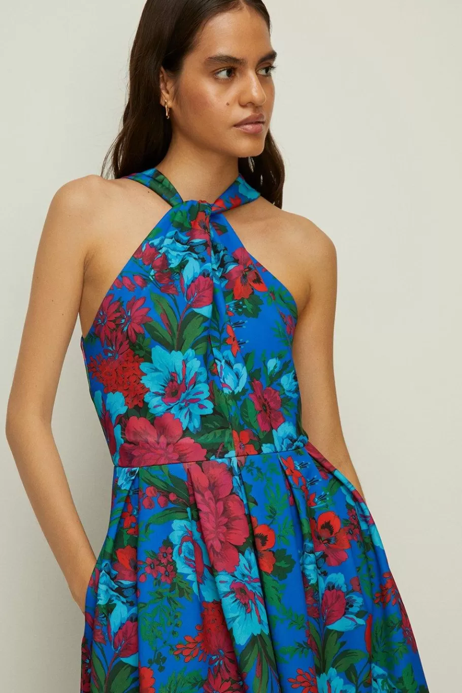 Oasis Bright Floral Knot Detail Scuba Midi Dress Blue Cheap