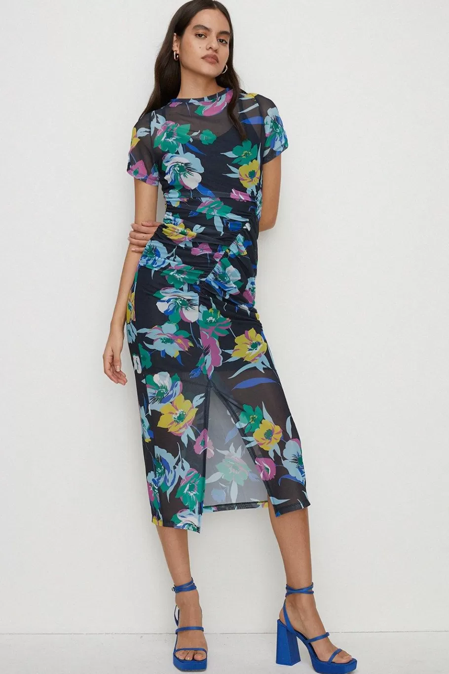 Oasis Bright Floral Ruched Mesh Midi Dress Black Sale