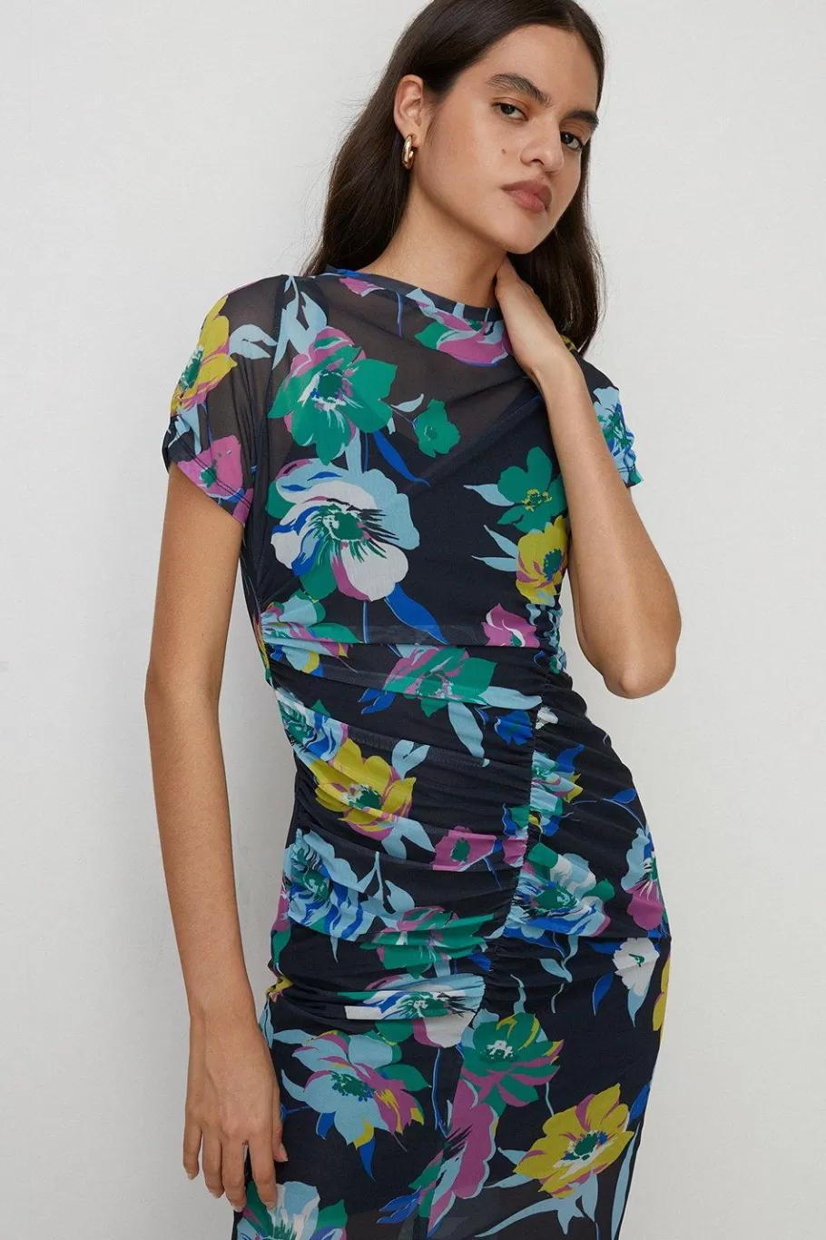 Oasis Bright Floral Ruched Mesh Midi Dress Black Sale