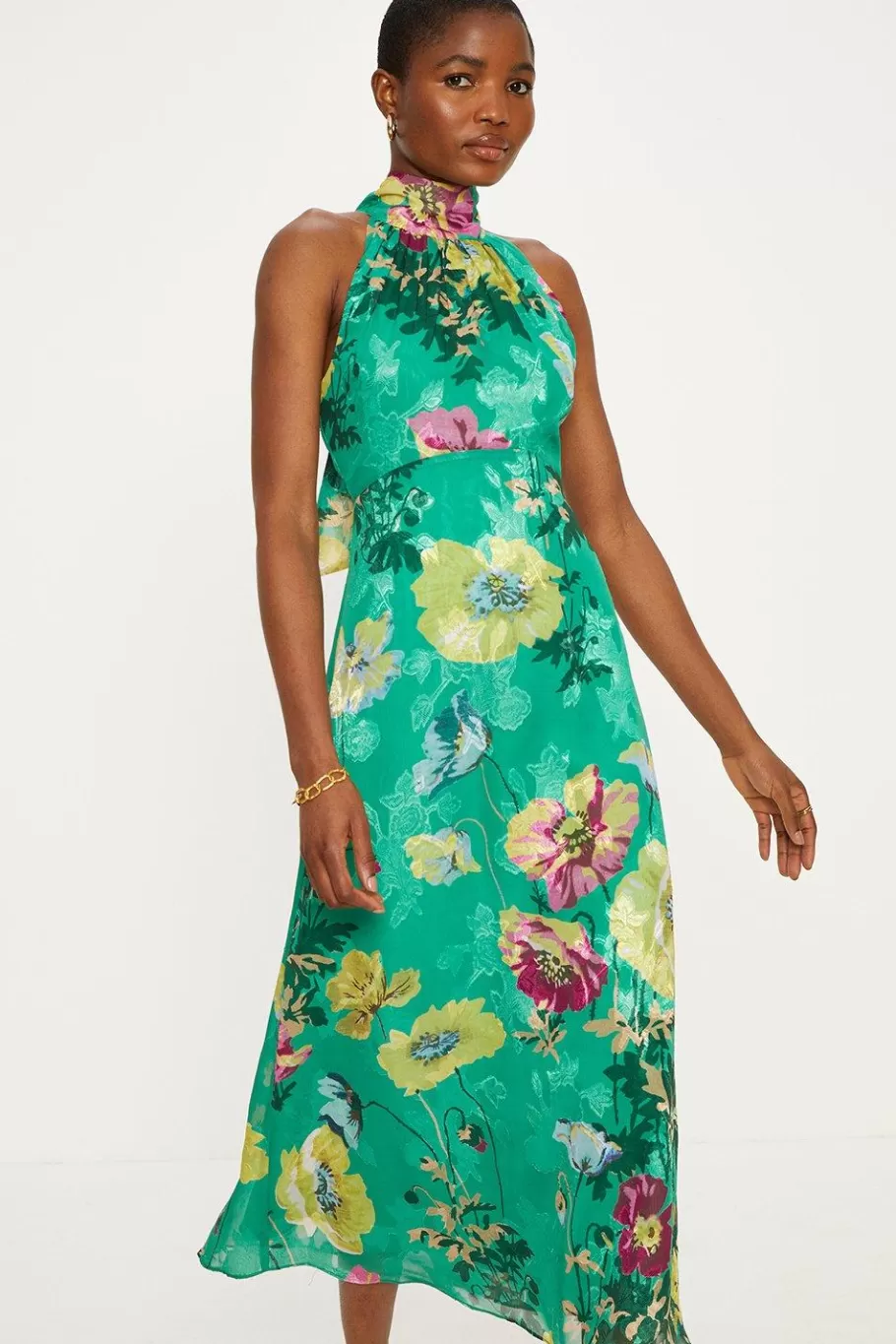 Oasis Bright Floral Satin Burnout Halter Midi Dress Bright Green Cheap