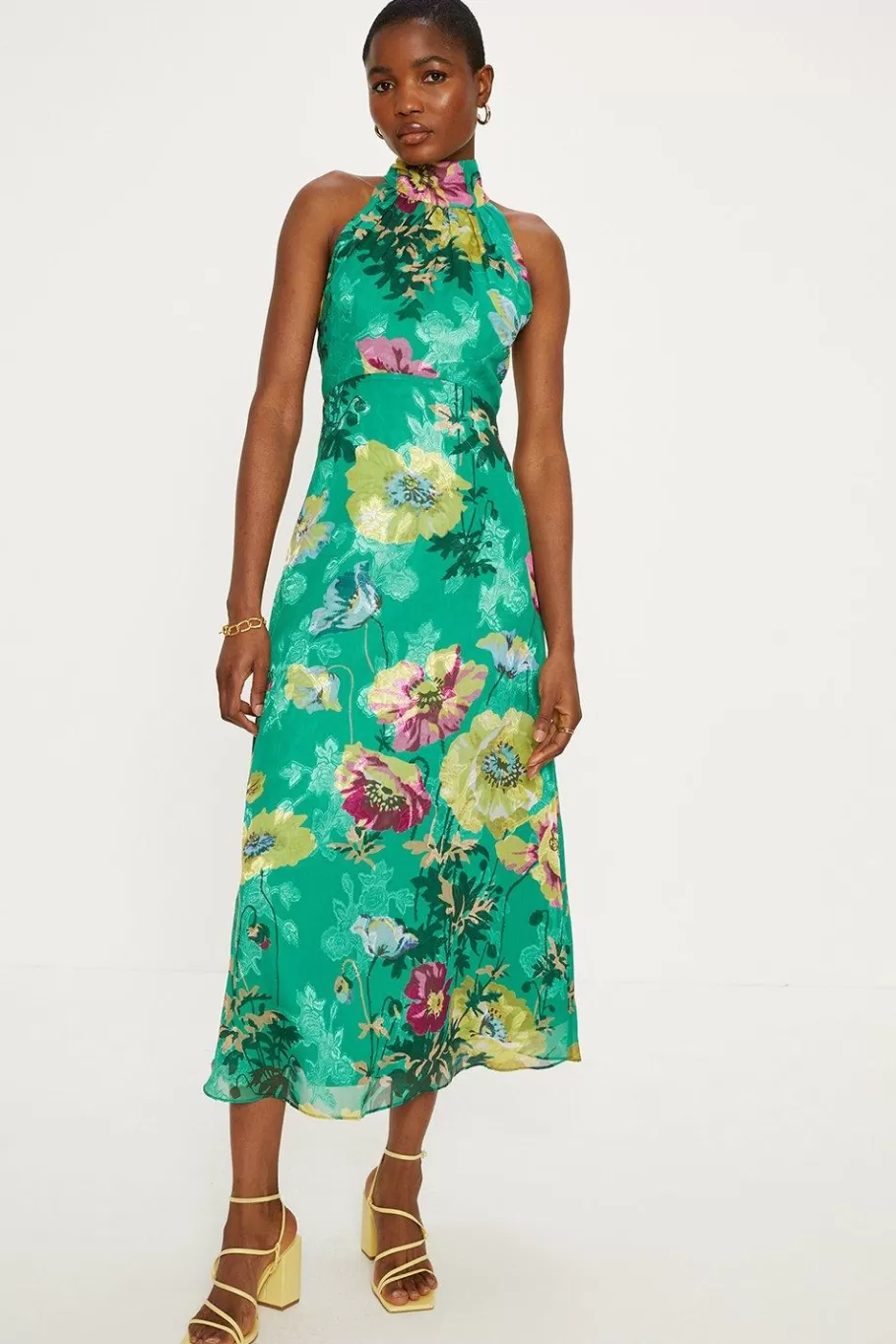 Oasis Bright Floral Satin Burnout Halter Midi Dress Bright Green Cheap