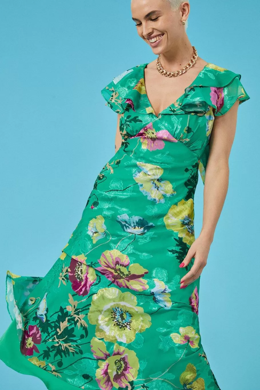 Oasis Bright Floral Satin Burnout Ruffle Midi Dress Bright Green Best