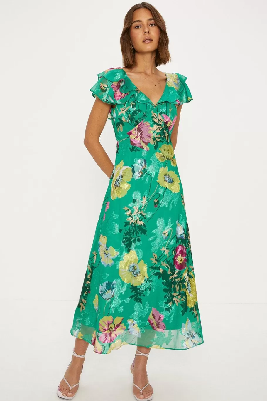 Oasis Bright Floral Satin Burnout Ruffle Midi Dress Bright Green Best