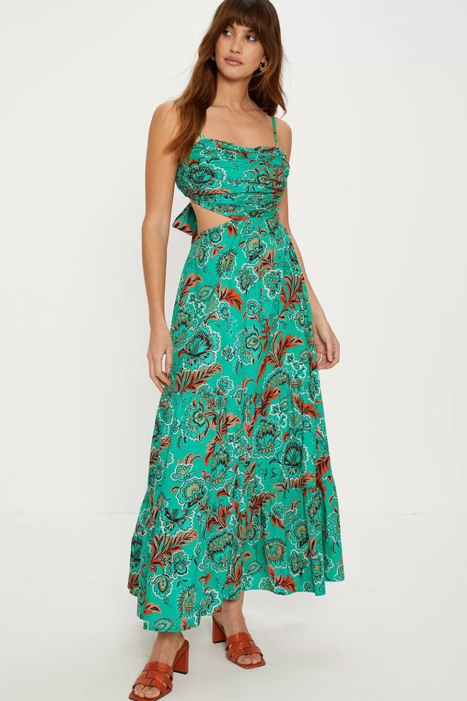 Oasis Bright Paisley Poplin Ruched Midi Dress Bright Green Store