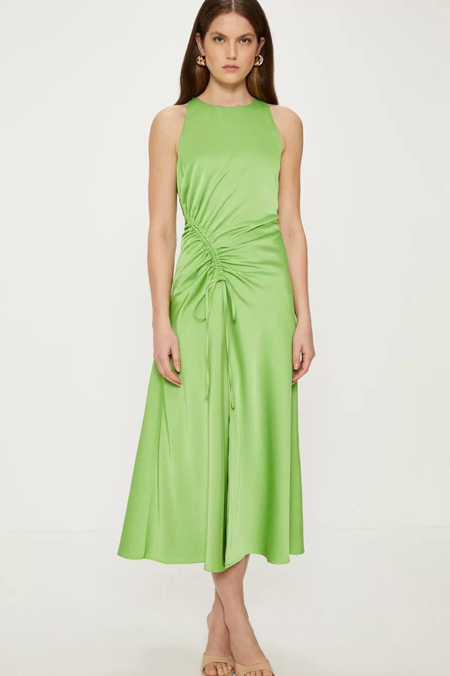 Oasis Bright Ruched Side Satin Midi Dress Apple Green Best