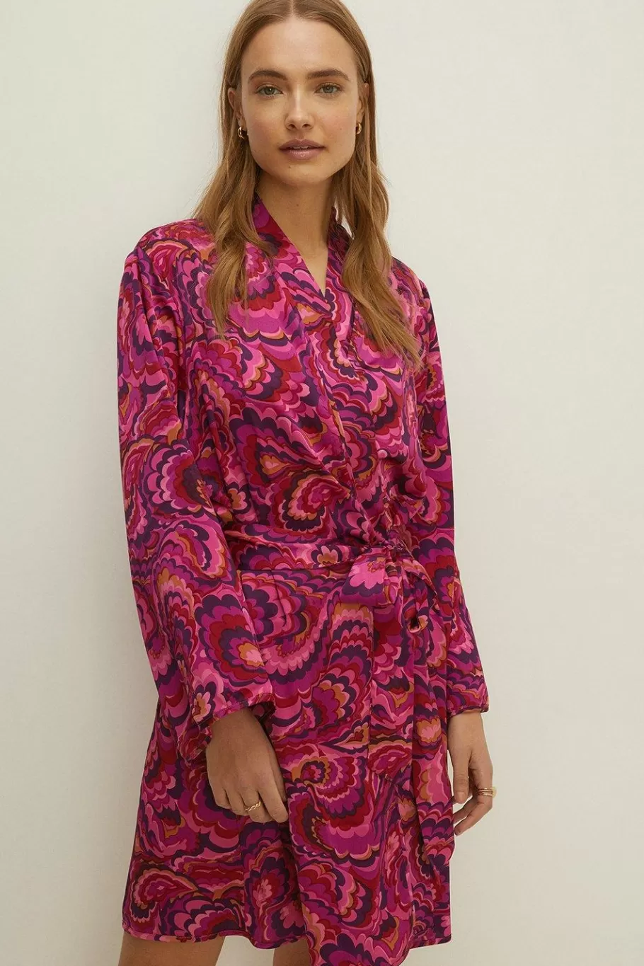 Oasis Bright Swirl Printed Satin Robe Hot Pink New