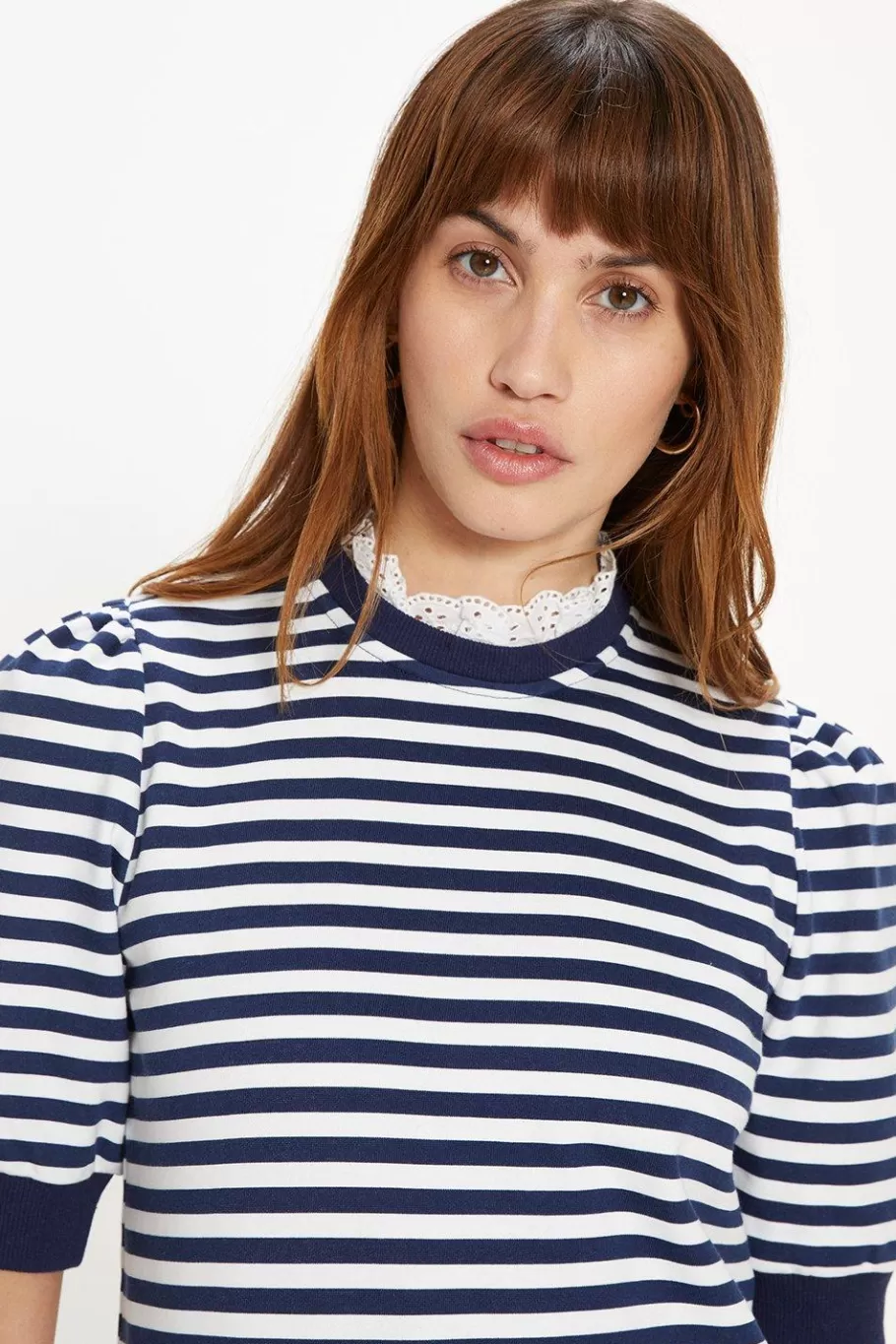 Oasis Broderie Collar Short Sleeve Stripe Sweatshirt Navy Fashion