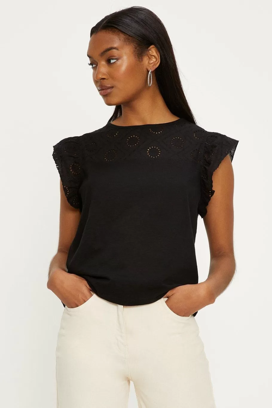 Oasis Broderie Yoke And Frill Sleeve Slub Black Cheap