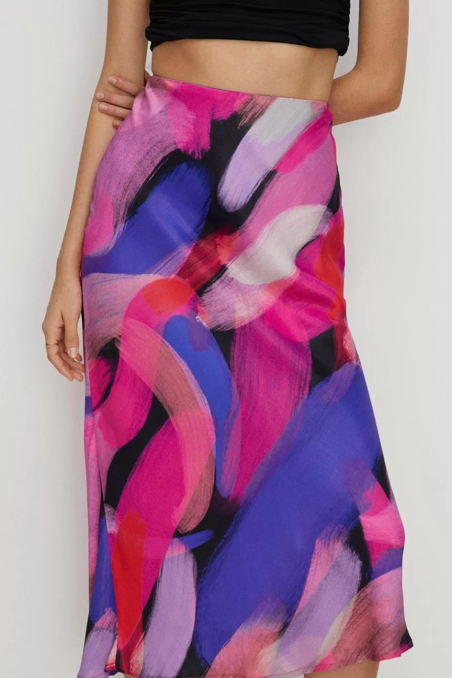 Oasis Brushstroke Printed Bias Midi Skirt Multi New